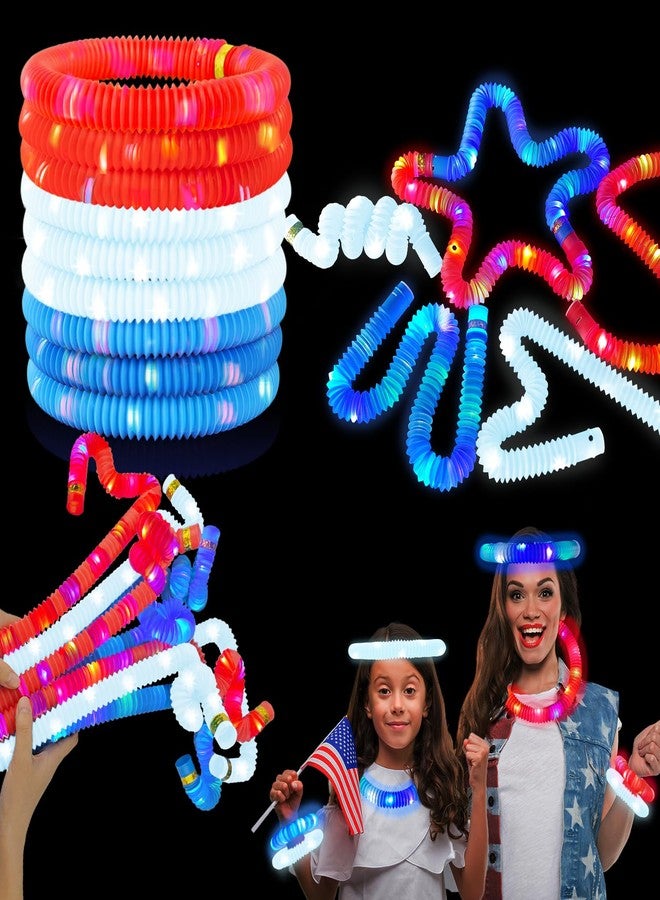 Wondrus Patriotic Accessories Toys Gifts for Kids ＆ Adults 9 PCS, Red White Blue Light up Pop Tubes Neon Bracelets Necklaces for Parade Throws, USA Party Favors Supplies Decorations for Labor Veterans Day - Image 1